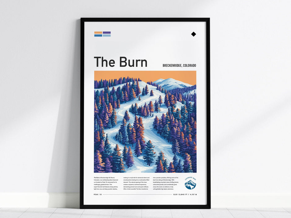 Framed poster of a mountain landscape with 'The Burn' and Breckenridge, Colorado text.