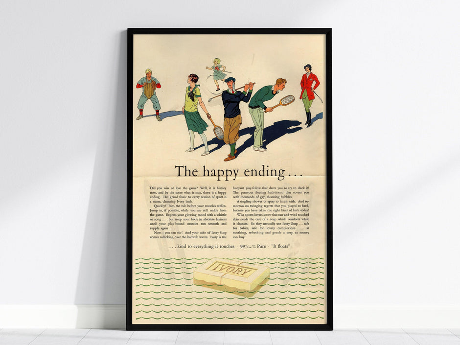 Vintage Ivory Soap ad in black wood frame showing 1920s Happy Ending bathroom humor retro advertising art