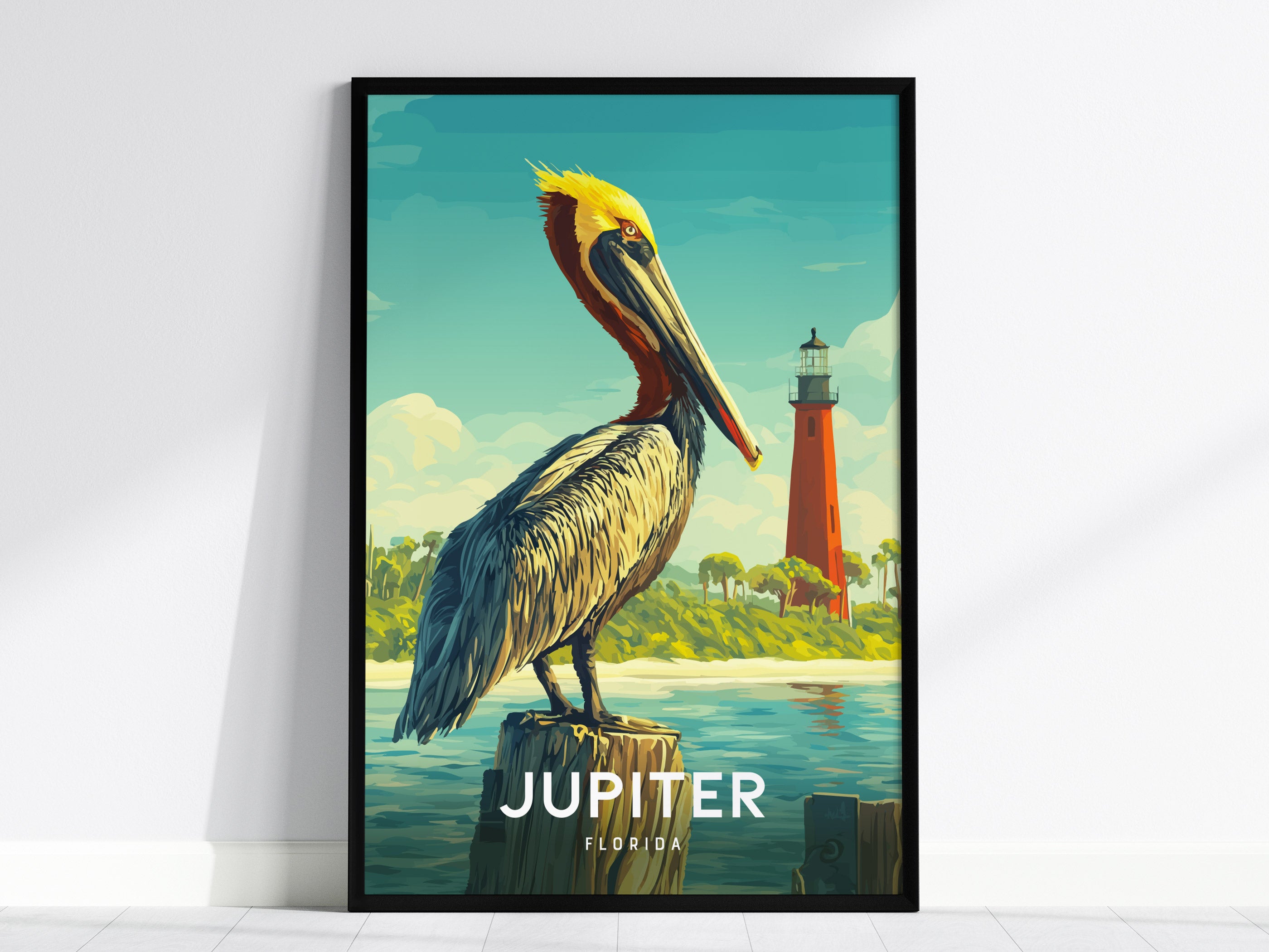 Jupiter Florida Poster | Pelican & Lighthouse Coastal Wall Art