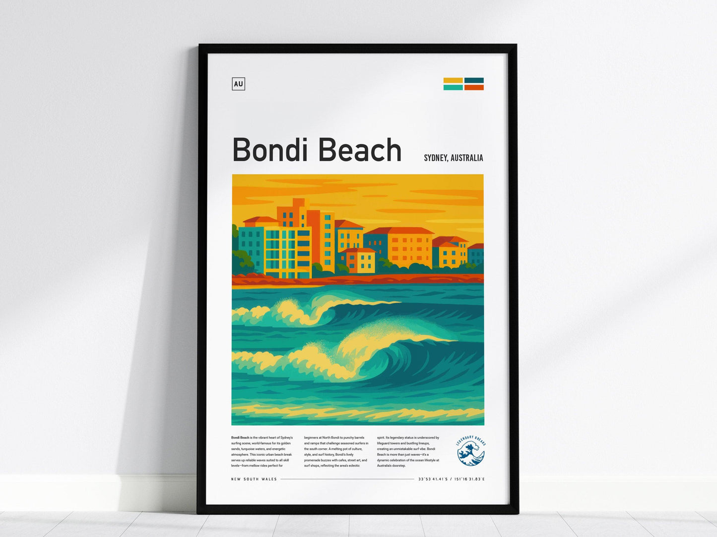Bondi Beach Surf Spot Framed Poster Sydney Australia Wave Modern Wall Art Aussie Surfer Travel Print Minimalist Design Surfing Decor - Swell Scenes