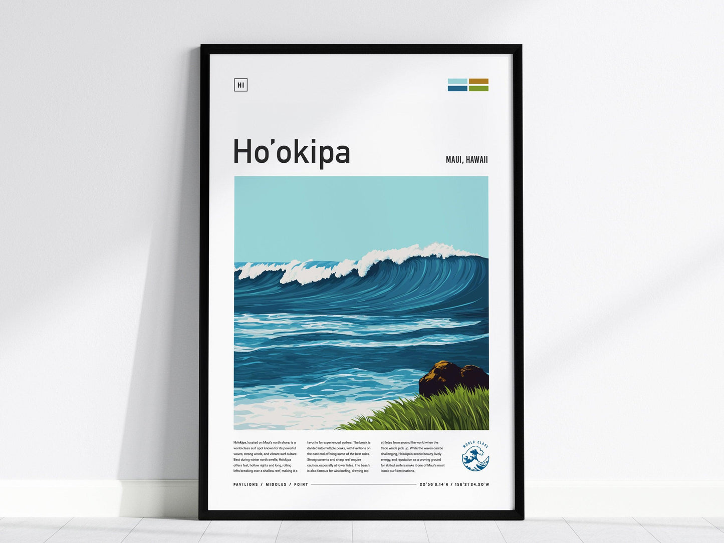 Ho'okipa Framed Surf Spot Poster, Hookipa Beach Maui Wall Art, Paia Travel Print, Hawaii Surfer Windsurfer Big Wave Surfing Design - Swell Scenes