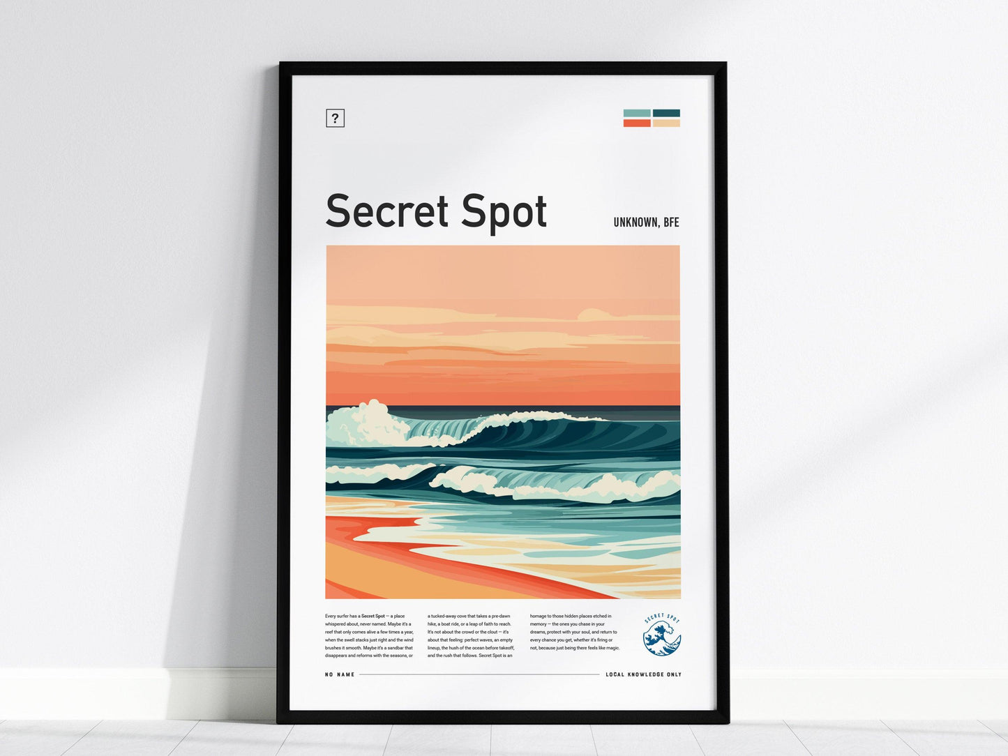 Secret Spot Framed Surf Poster, No Name Beach House Wave Wall Art, Surfer Gift Travel Print, Surfing Life Design Ocean Cottage Decor - Swell Scenes