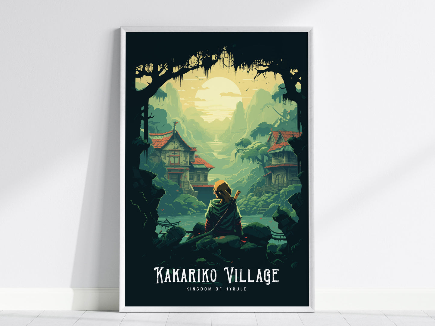 Zelda Poster of Kakariko Village with Link overlooking village in lush green valley