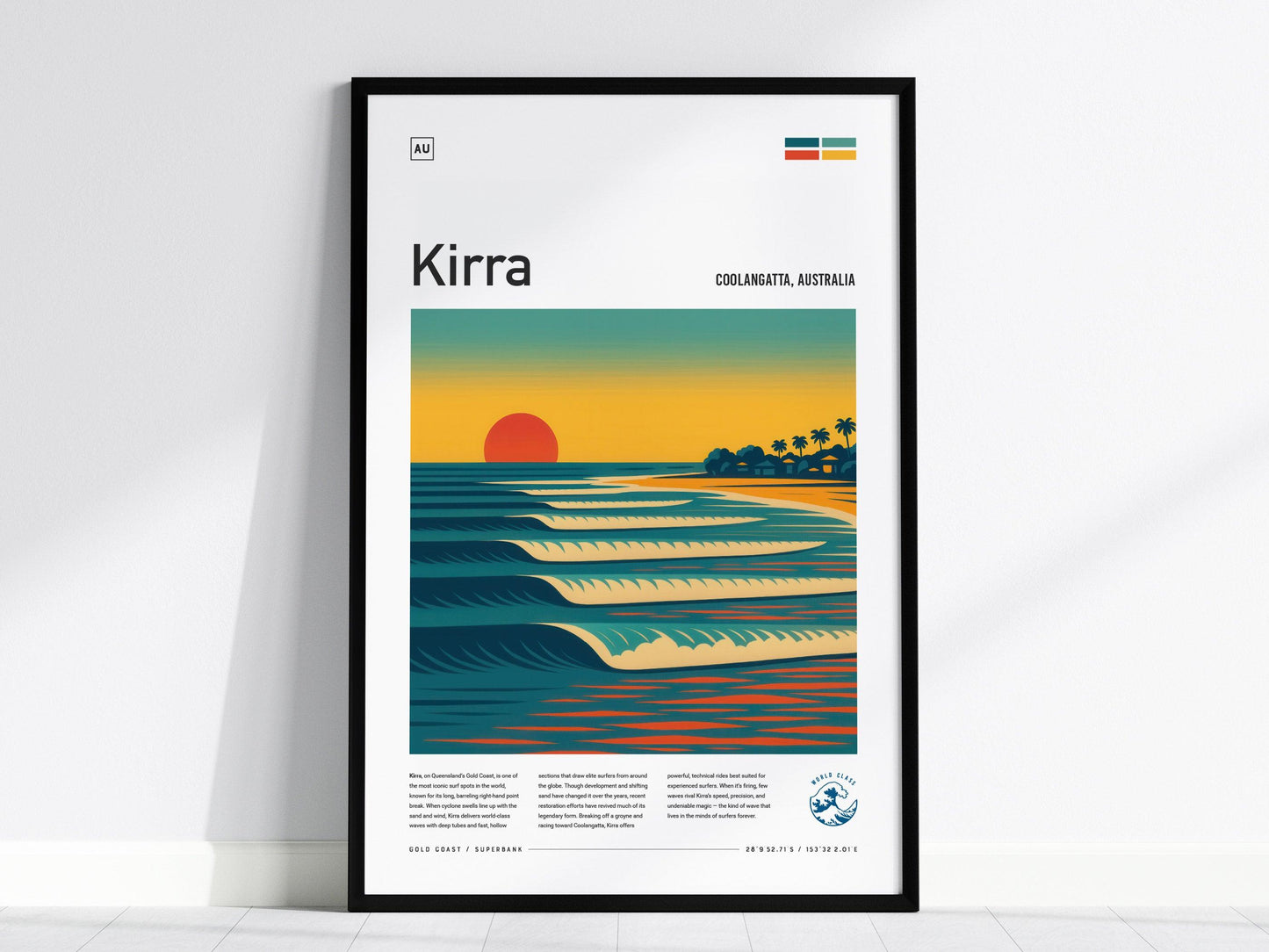 Kirra Surf Spot Framed Poster Australia Superbank Wave Modern Wall Art Queensland Surfer Travel Print Minimalist Design Surfing Decor Gift - Swell Scenes