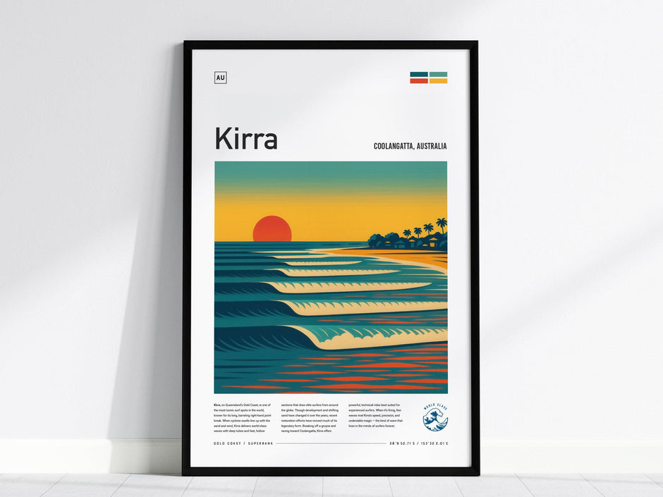 Kirra Surf Spot Framed Poster Australia Superbank Wave Modern Wall Art Queensland Surfer Travel Print Minimalist Design Surfing Decor Gift - Swell Scenes