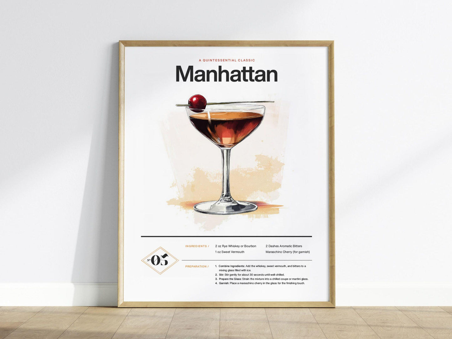 Manhattan Cocktail Framed Poster | Classic Whiskey and Vermouth Recipe Art | Minimalist Bar Decor | Manhattan Lover Gift | Home Bar Design - Swell Scenes