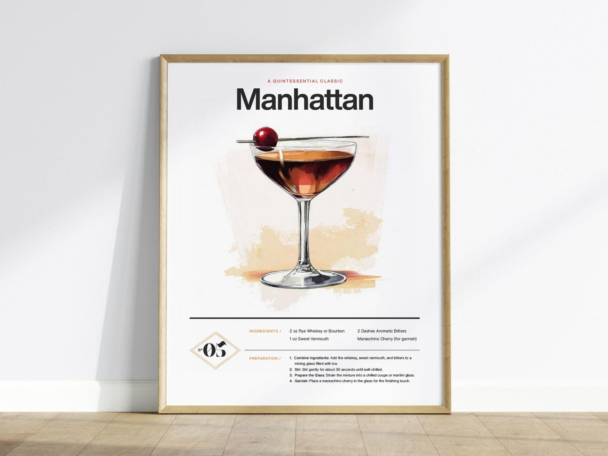 Manhattan Cocktail Framed Poster | Classic Whiskey and Vermouth Recipe Art | Minimalist Bar Decor | Manhattan Lover Gift | Home Bar Design - Swell Scenes