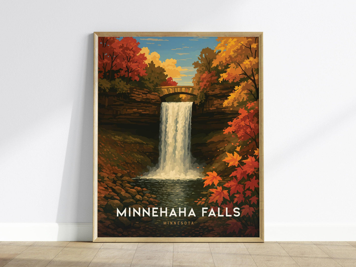 Minnehaha Falls Poster – Minneapolis Minnesota Wall Art, Autumn Waterfall Print, Midwest Travel Decor, Framed or Unframed - Swell Scenes