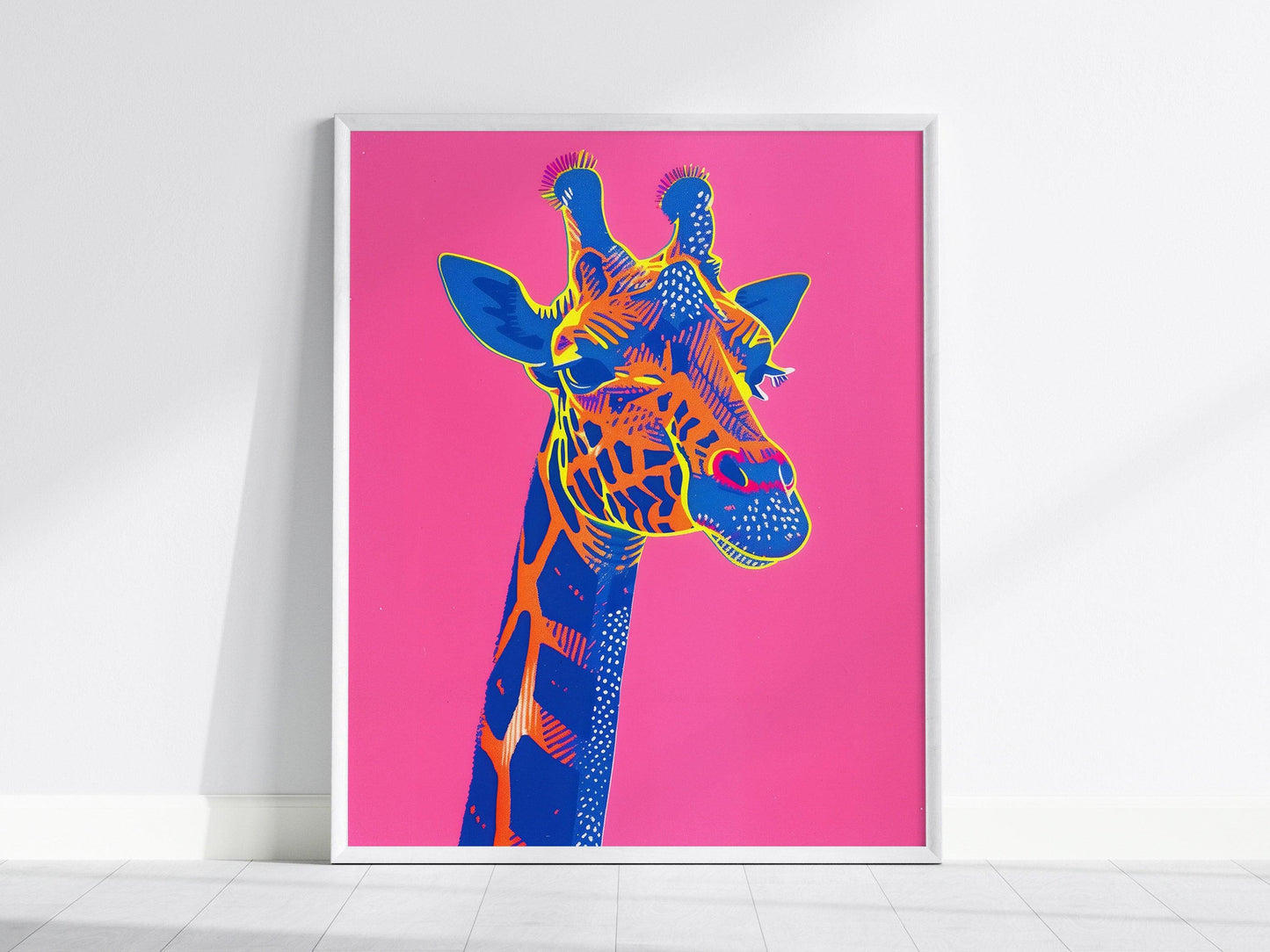 Neon Giraffe Pop Art Poster – Bold Safari Animal Wall Decor, Retro 80s Aesthetic, Vibrant Wildlife Print, Available Framed/Unframed - Swell Scenes