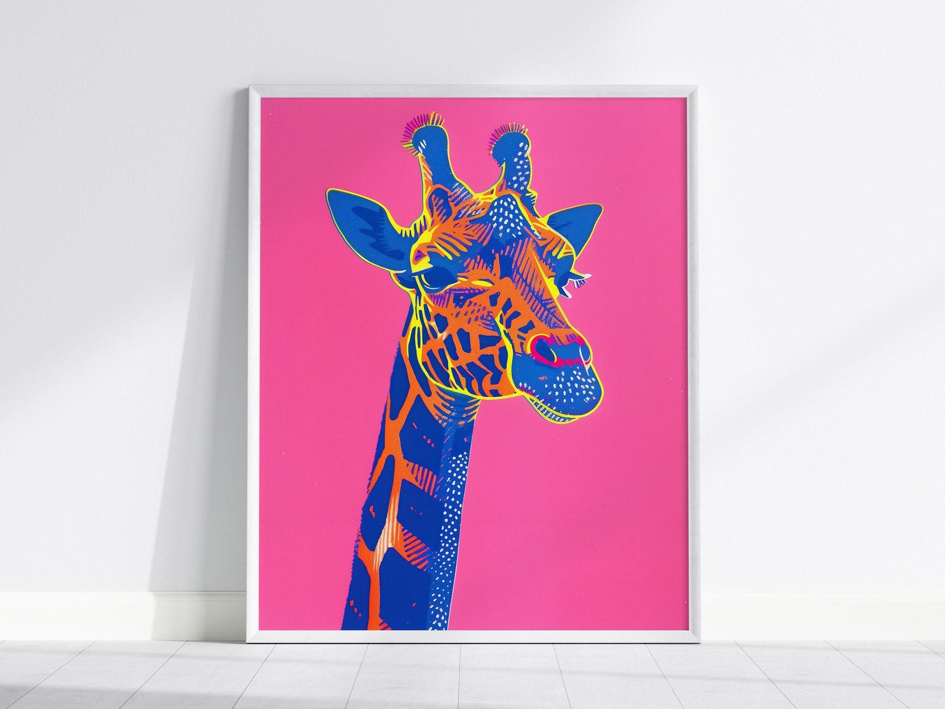 Neon Giraffe Pop Art Poster – Bold Safari Animal Wall Decor, Retro 80s Aesthetic, Vibrant Wildlife Print, Available Framed/Unframed - Swell Scenes