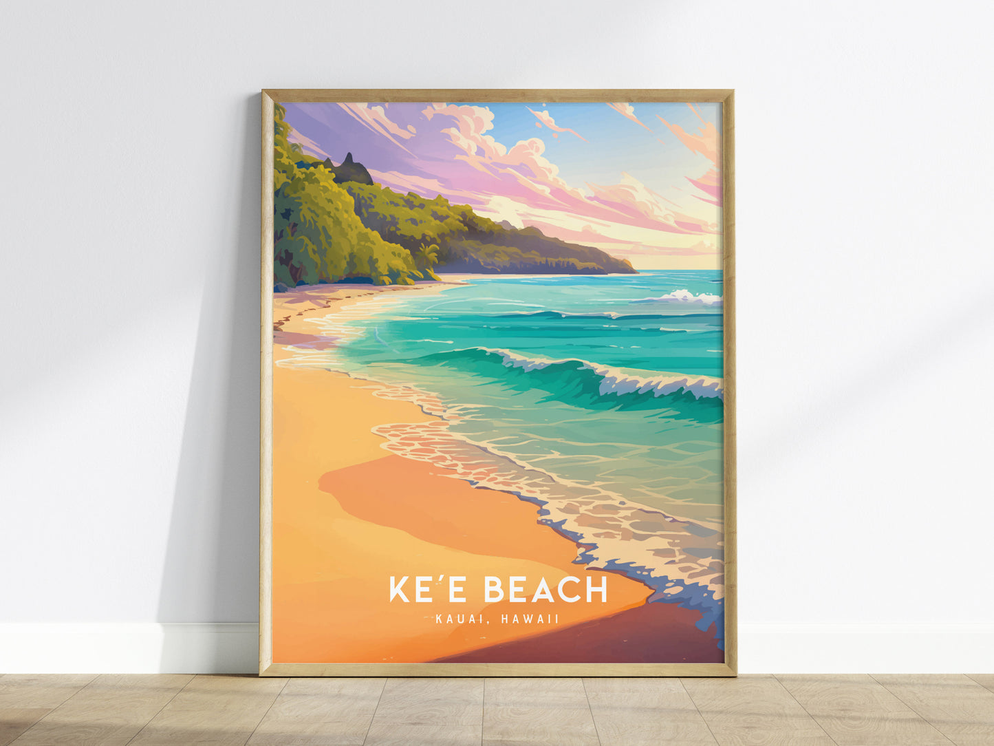 Keʻe Beach Poster – Kauai Hawaii Art Print, Sunset Coastal Wall Art, Framed or Unframed, Tropical Ocean Decor, Gift for Island Lovers