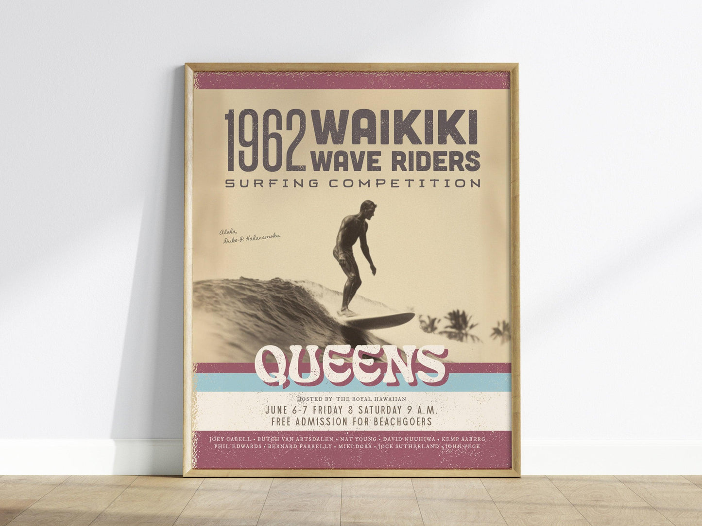 1962 Waikiki Wave Riders Vintage Surf Poster | Longboard Classic Surfing Competition Art | Retro Hawaii Oahu Framed Print Surfer Decor Gift - Swell Scenes