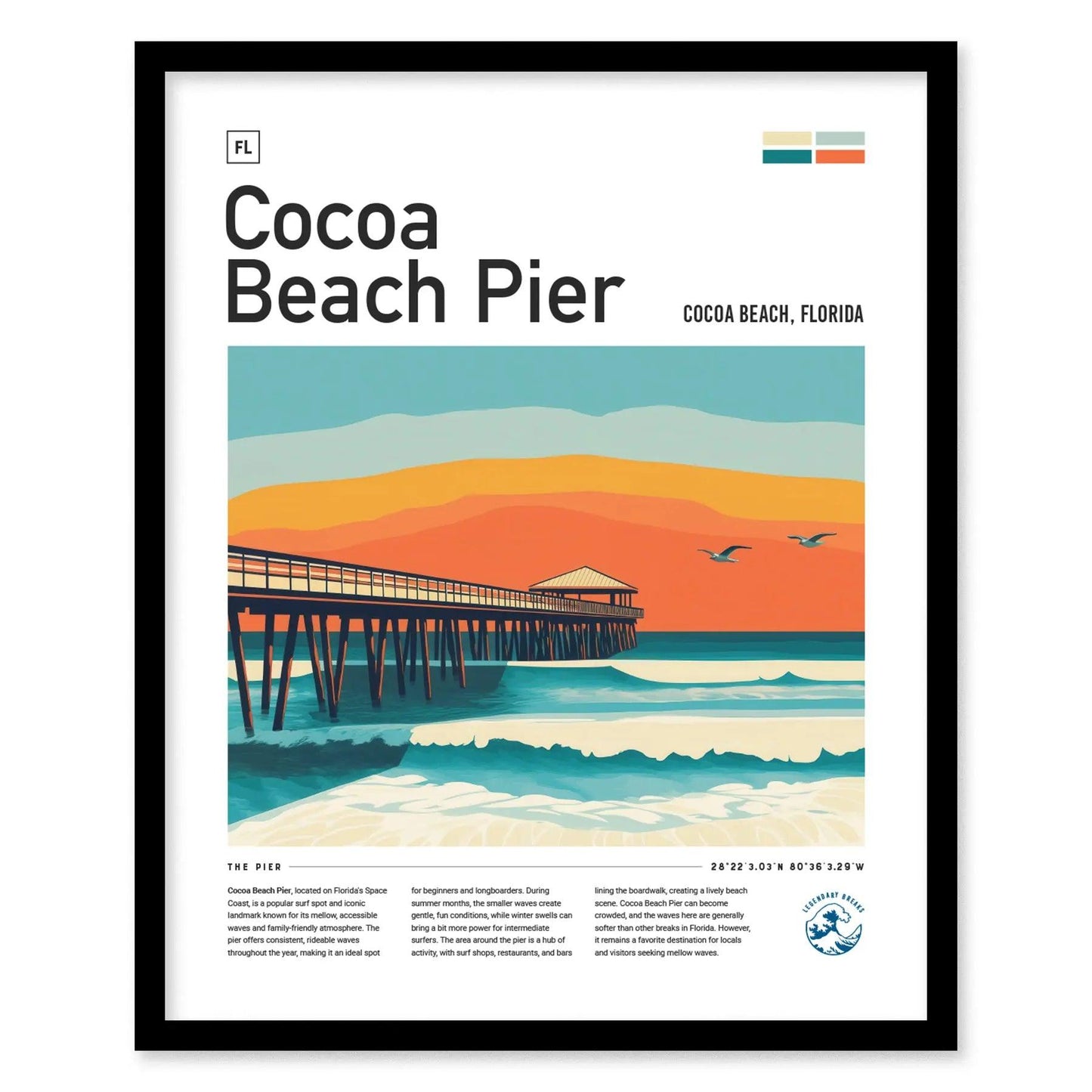 Cocoa Beach Pier Florida Surf Spot Framed Poster | Ron Jon Wave FL Travel Print | Kelly Slater Surfing Beach House Decor | Minimalist Design Surfer Gift - Swell Scenes