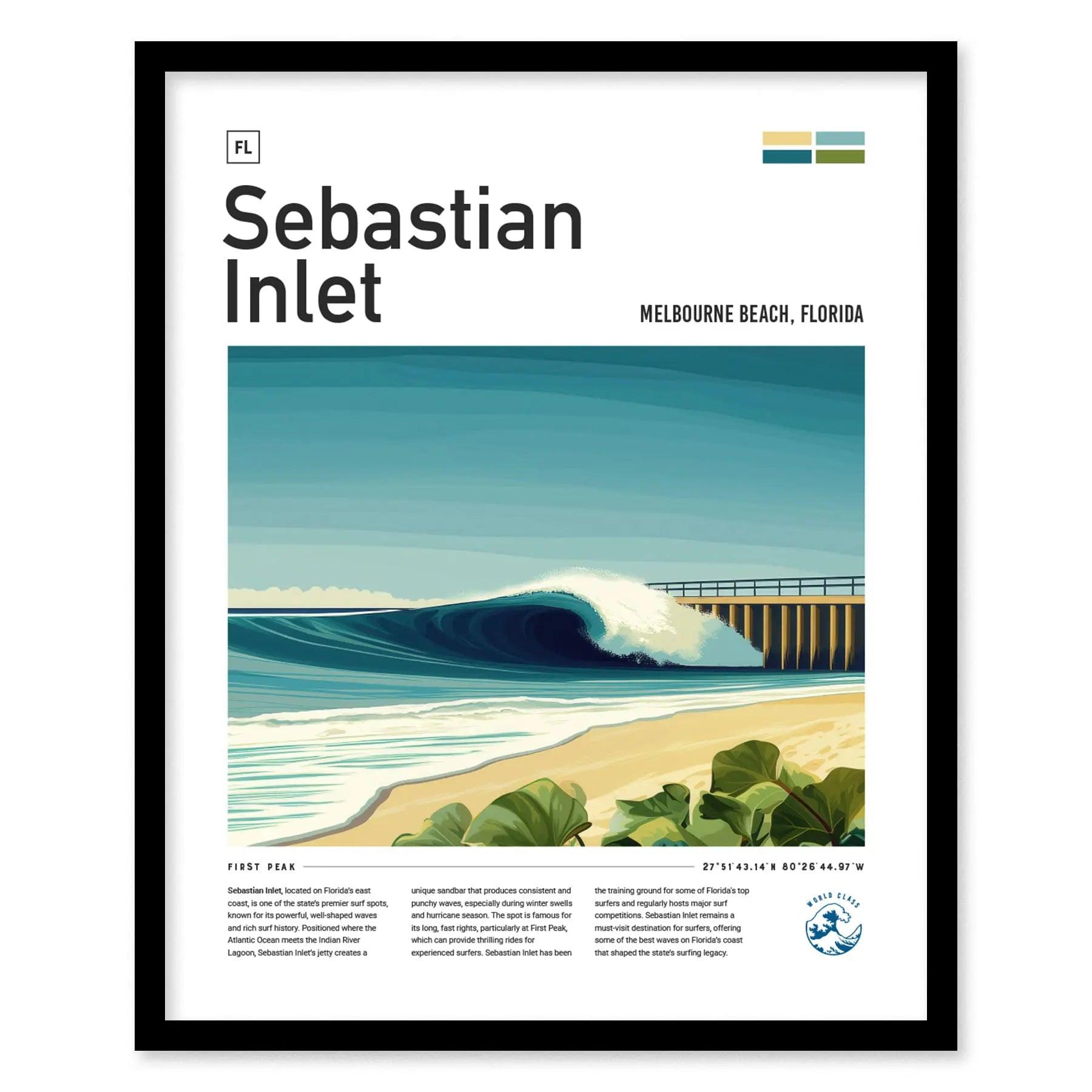 Sebastian Inlet Surf Spot Framed Poster | Melbourne Beach Florida Wave Travel Print | FL Surfer Wall Art Decor | Surfing Design Man Cave Gift - Swell Scenes