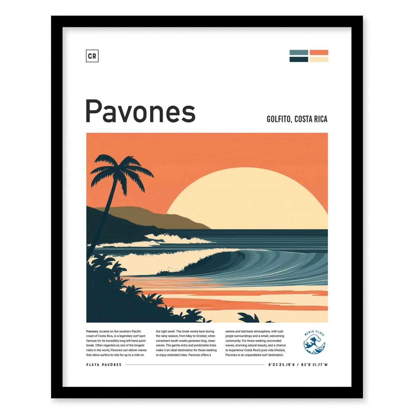 Pavones Surf Spot Framed Poster | Longest Wave In The World Wall Art | Costa Rica Surfer Travel Print | Surfing Minimalist Design - Swell Scenes