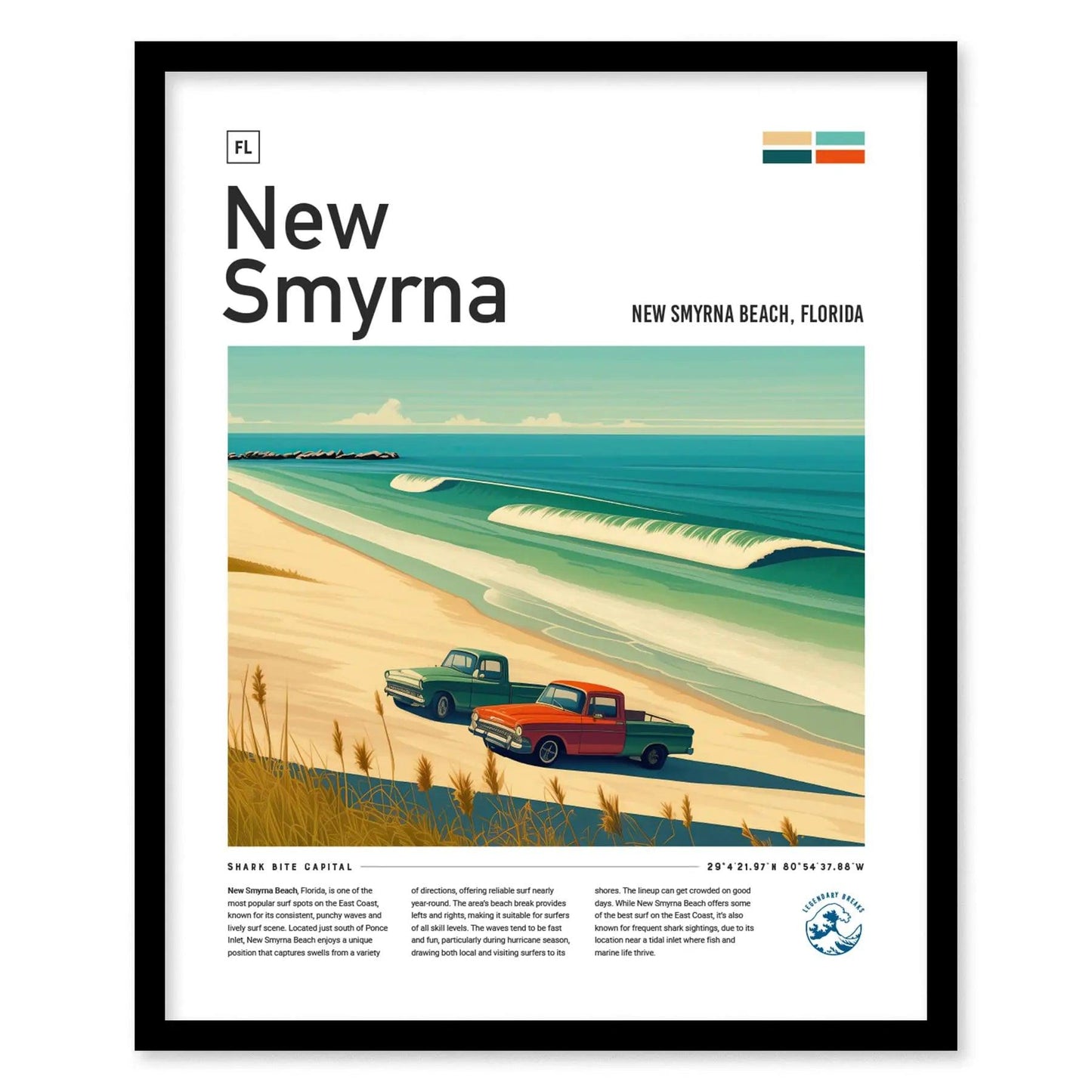New Smyrna Beach Surf Spot Framed Poster | Shark Attack Capital Florida Wave Wall Art | FL Surfer Travel Print Design | NSB Man Cave Surfing Decor Gift - Swell Scenes