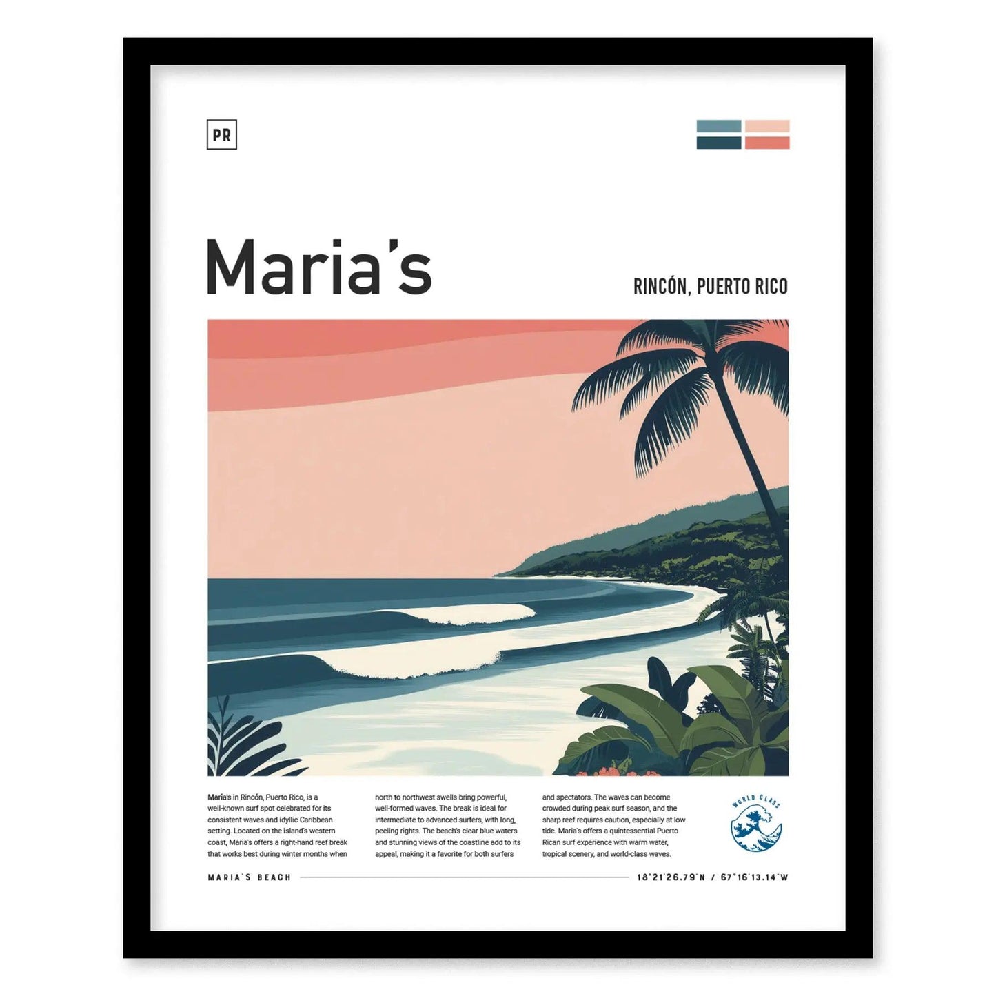 Maria's Surf Spot Framed Poster | Puerto Rico Surfing Wall Art | Rincon Surfer Minimalist Design Travel Print - Swell Scenes