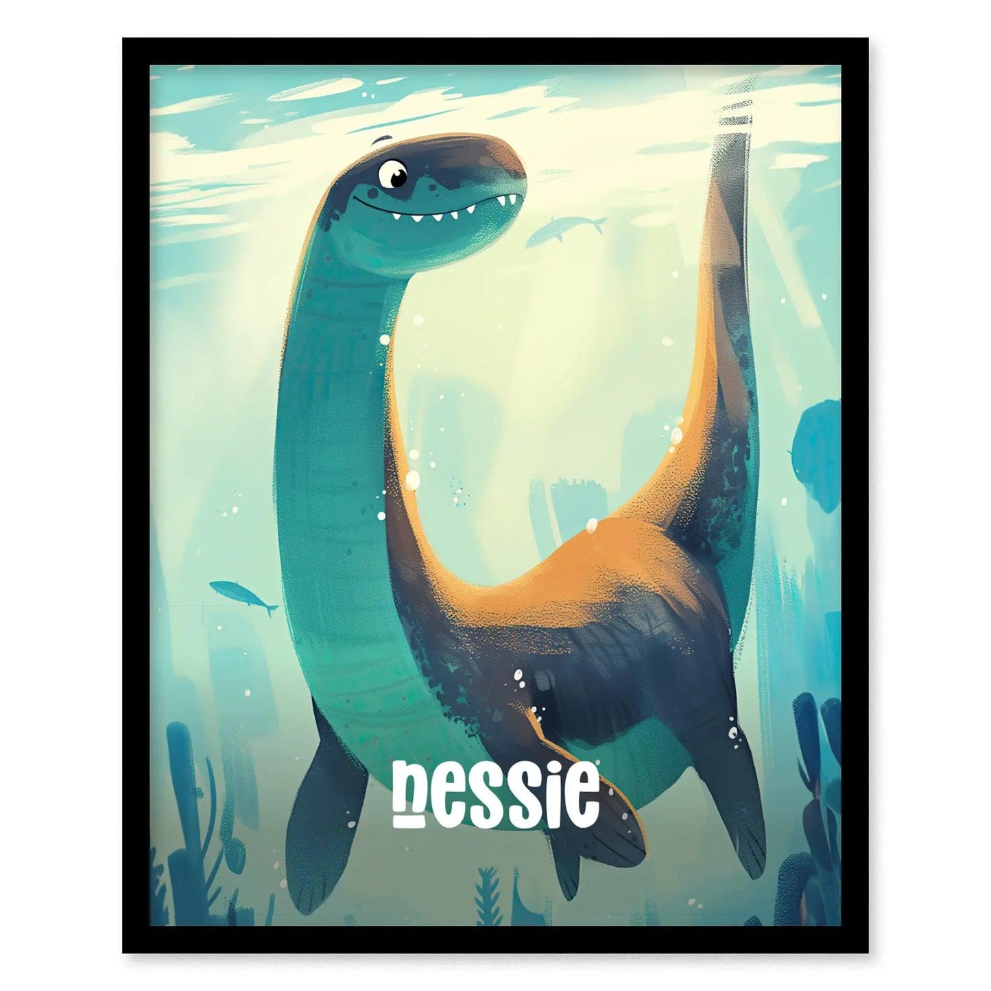 Nessie Cute Cryptids Wall Art Series | Loch Ness Monster Kids Room Framed Poster | Children's Illustration Toddler Boys Bedroom Nursery Print Set - Swell Scenes