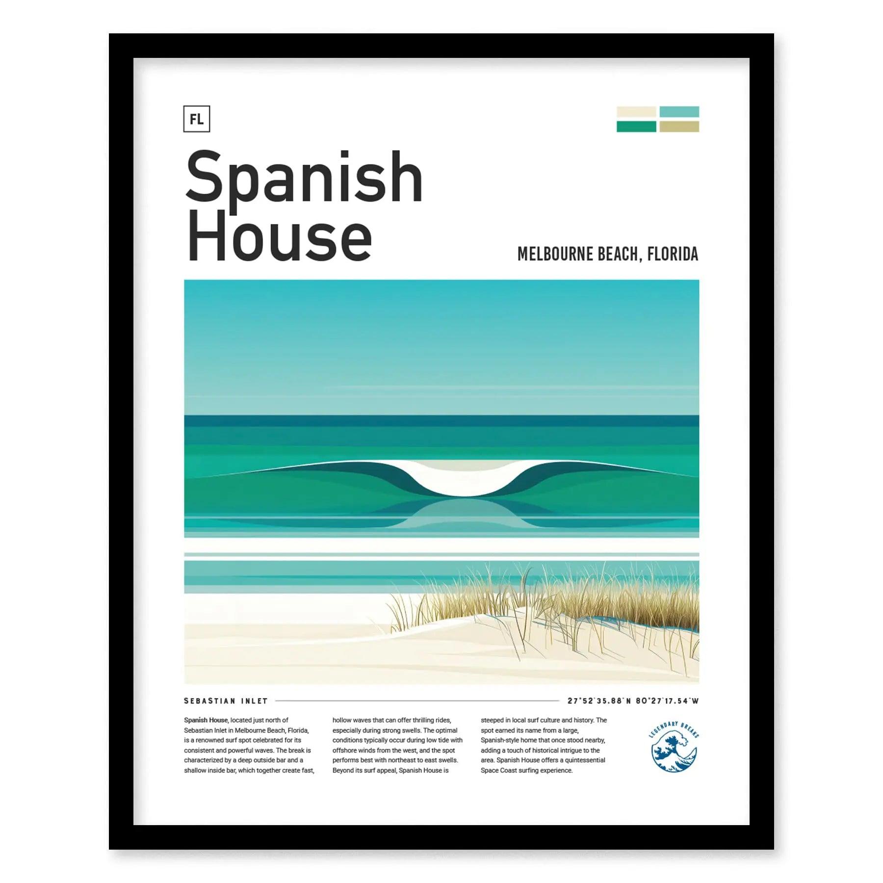 Spanish House Florida Surf Spot Framed Poster | Melbourne Beach Sebastian Inlet FL Wave Travel Print | Surfing Wall Art Modern Decor | Minimalist Design Surfer Gift - Swell Scenes