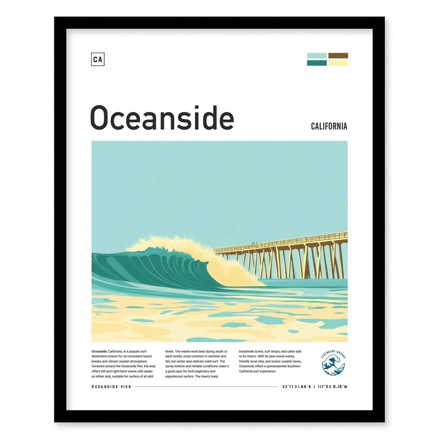 Oceanside Pier California Surf Spot Framed Poster | Southern CA Wave Modern Wall Art | SoCal Surfer Travel Print | Surfing Minimalist Design - Swell Scenes