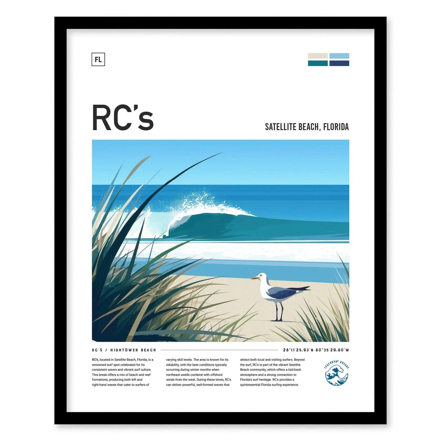 RC's Melbourne Florida Surf Spot Framed Poster | Satellite Beach FL Florida Wave Travel Print | Surfing Modern Wall Art Coastal Decor | Minimalist Design Man Cave Surfer Gift - Swell Scenes