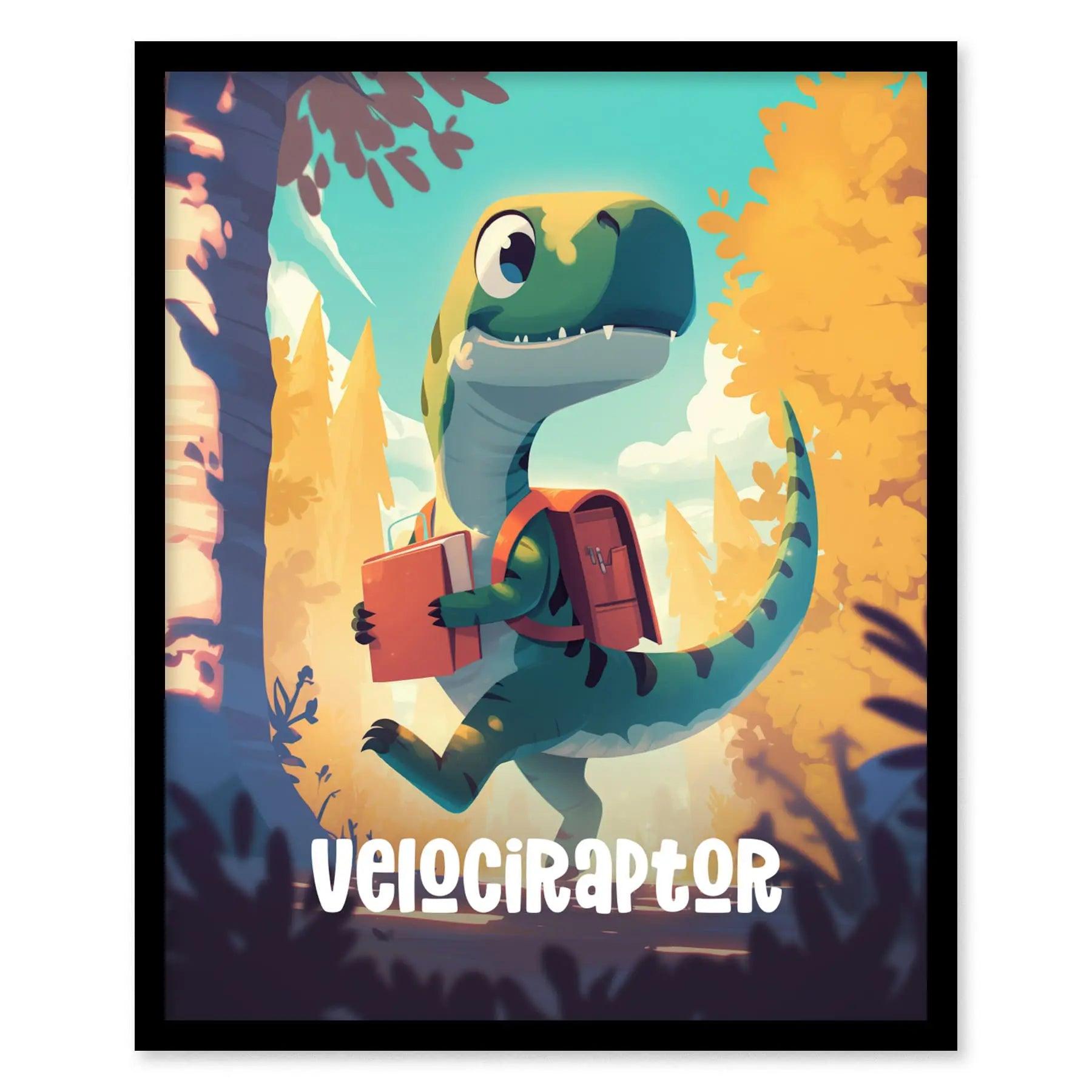 Velociraptor Dinosaur Kids Bedroom Framed Wall Art | Friendly Dino Theme Nursery Print | Jurassic Raptor Boys Room Poster | Prehistoric Toddler Home Decor Illustration - Swell Scenes