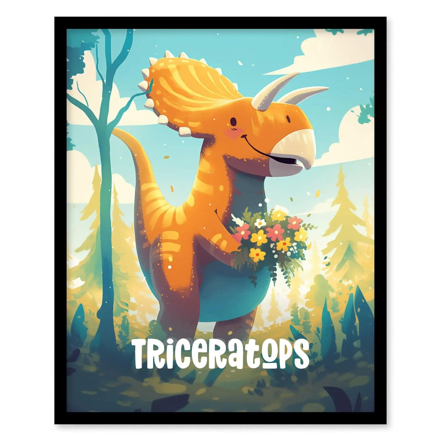 Triceratops dinosaur poster in black wood frame showing gentle dino character kids bedroom playroom art