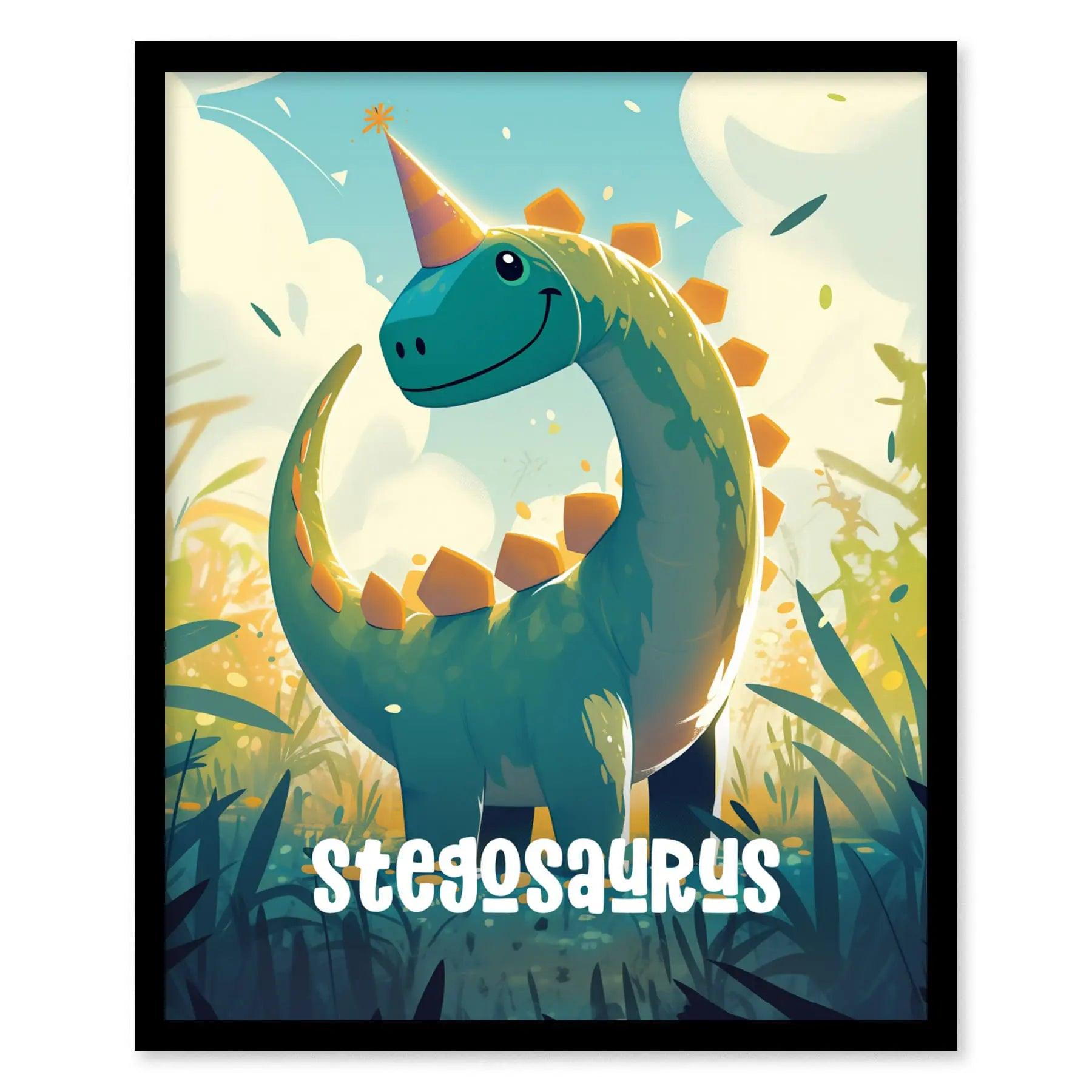 Stegosaurus Dinosaur Kids Bedroom Framed Wall Art | Friendly Dino Theme Nursery Print | Jurassic Boys Room Poster | Prehistoric Toddler Home Decor Illustration - Swell Scenes