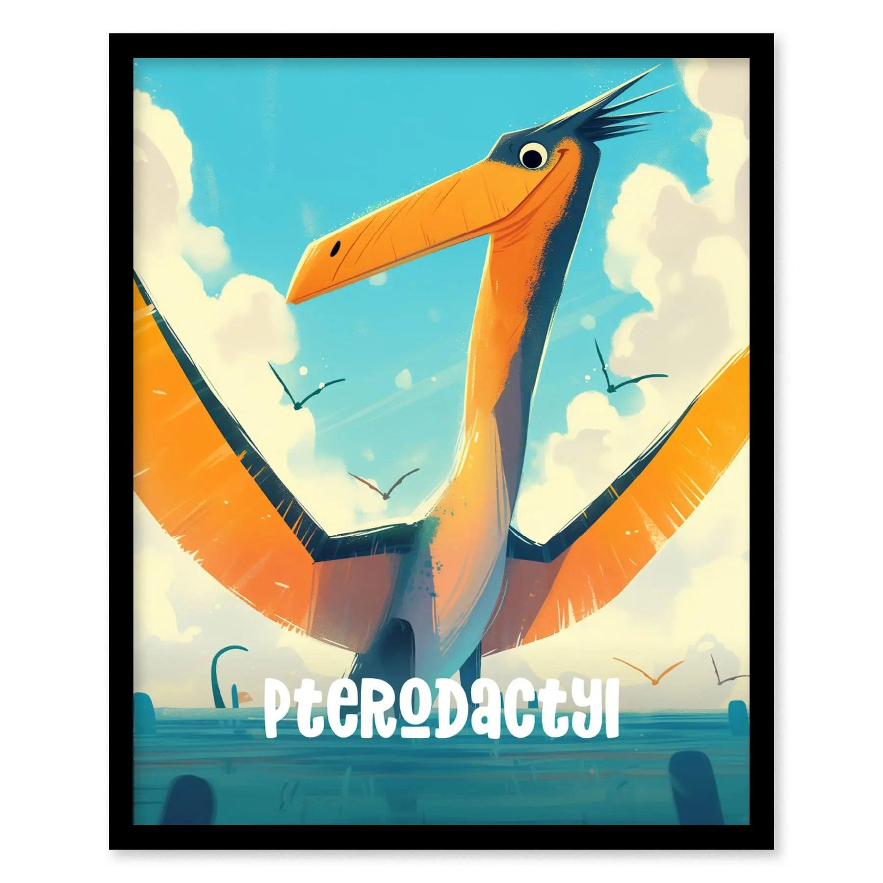 Pterodactyl Dinosaur Kids Bedroom Framed Wall Art | Friendly Dino Theme Nursery Print | Jurassic Boys Room Poster | Prehistoric Toddler Home Decor Illustration - Swell Scenes
