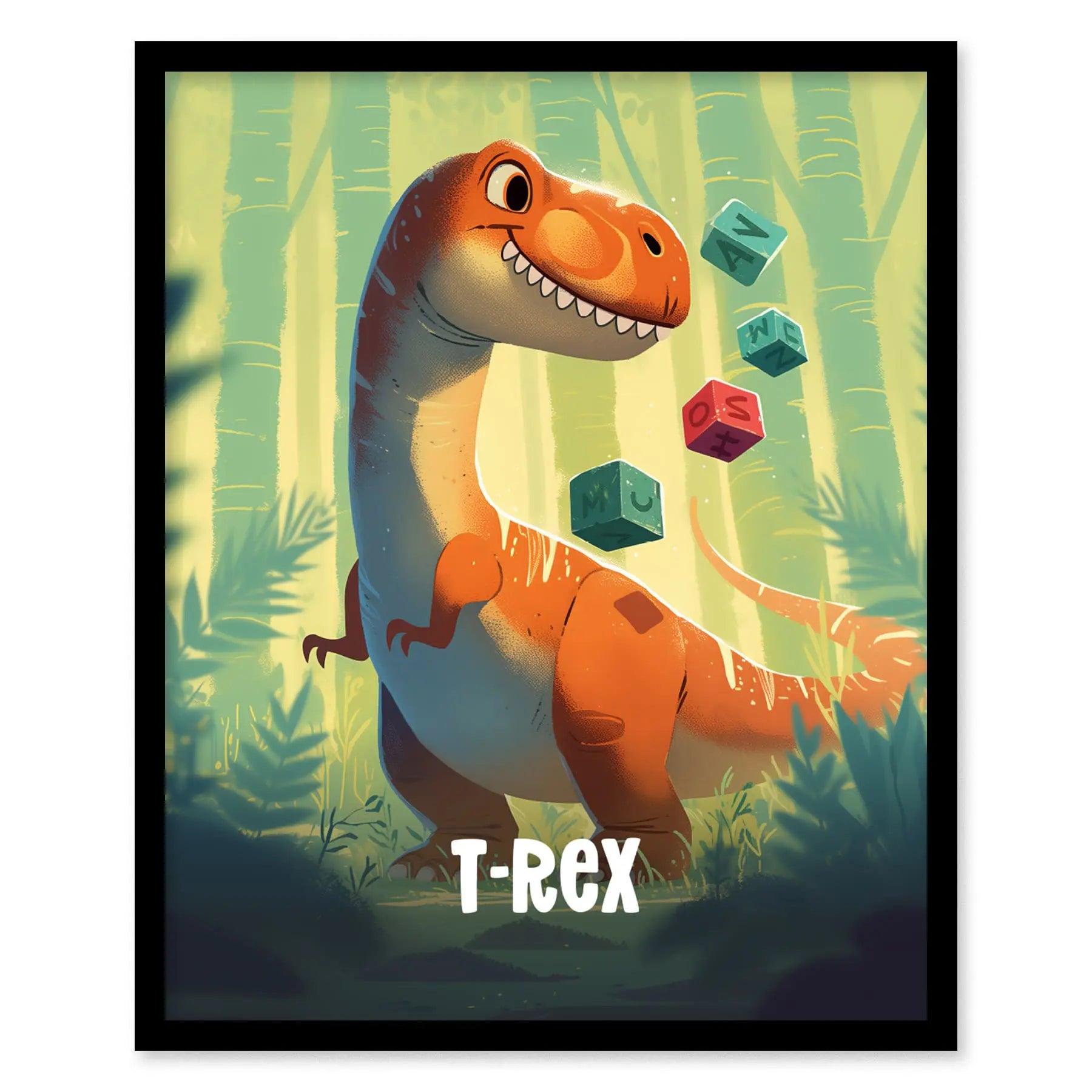 T-Rex dinosaur poster in black wood frame showing playful cartoon tyrannosaurus kids bedroom playroom art
