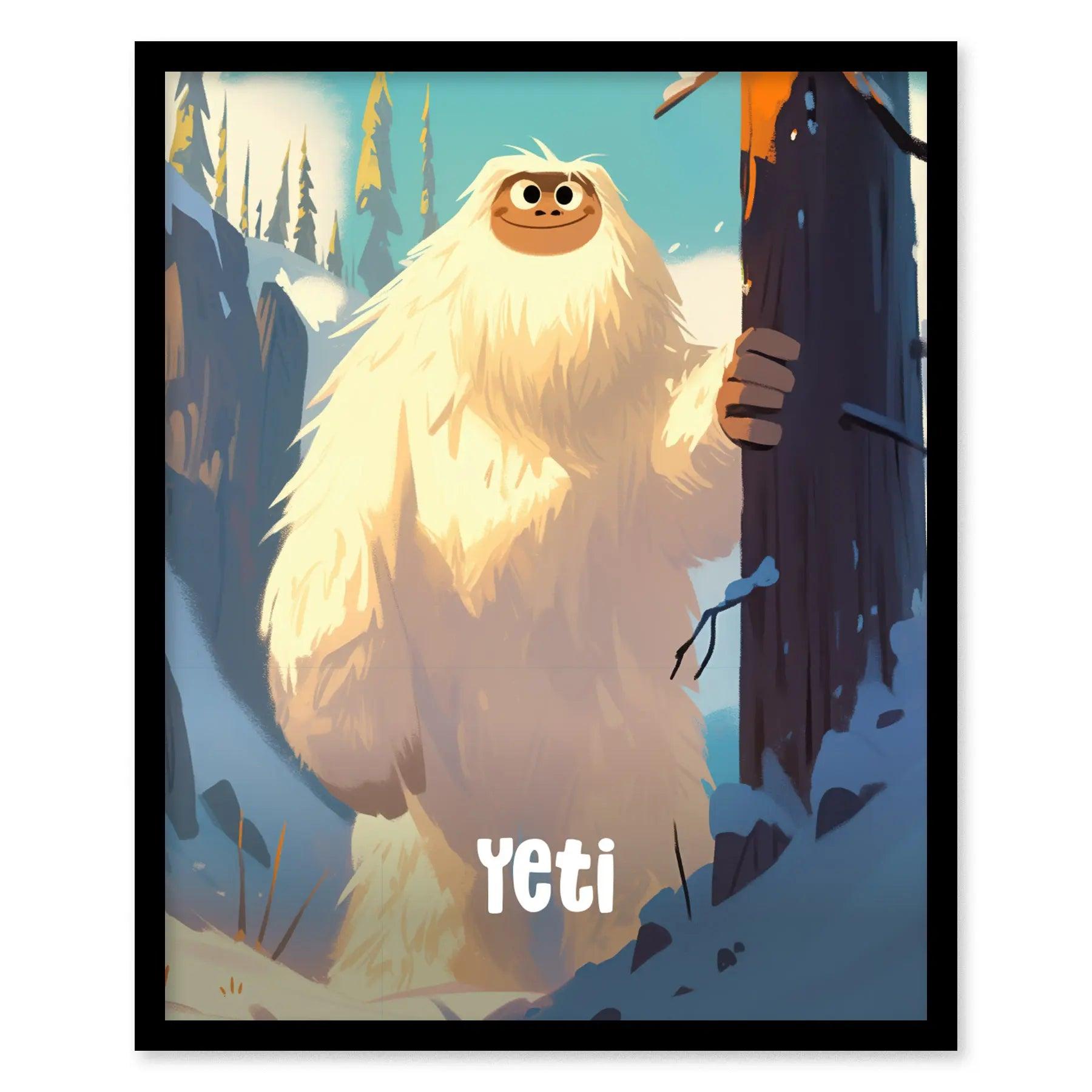 Framed cute cryptid poster featuring snowy background and friendly Yeti