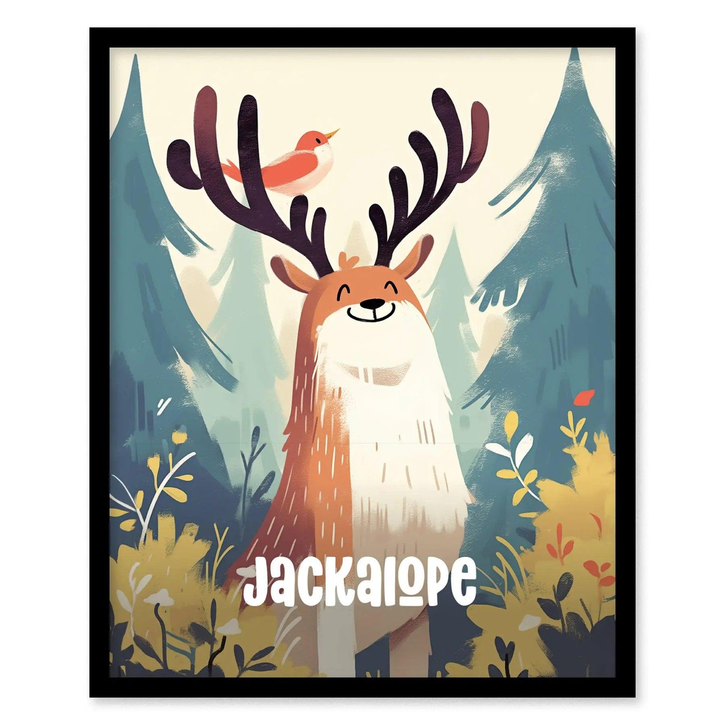 Jackalope Cute Cryptids Wall Art Series | Fantasy Kids Room Framed Poster | Toddler Boys Bedroom Child's Nursery Print | Woodland Myth Lore Cryptozoology Set - Swell Scenes