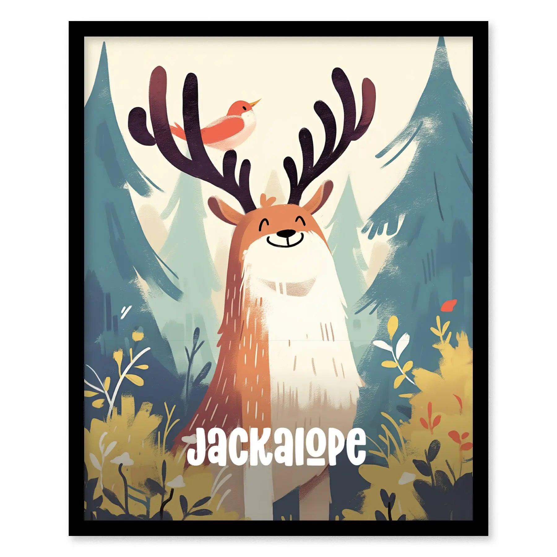 Jackalope Cute Cryptids Wall Art Series | Fantasy Kids Room Framed Poster | Toddler Boys Bedroom Child's Nursery Print | Woodland Myth Lore Cryptozoology Set - Swell Scenes