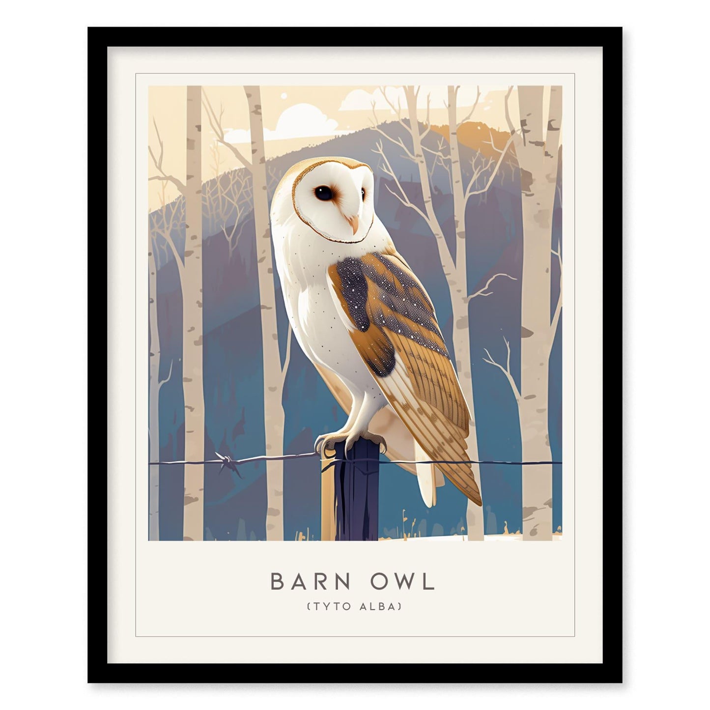 Barn Owl Bird Lover Modern Framed Wall Art | Cottagecore Audubon Wildlife Poster | Rustic Farm House Nature Decor | Cozy Cabin Winter Snow Print - Swell Scenes