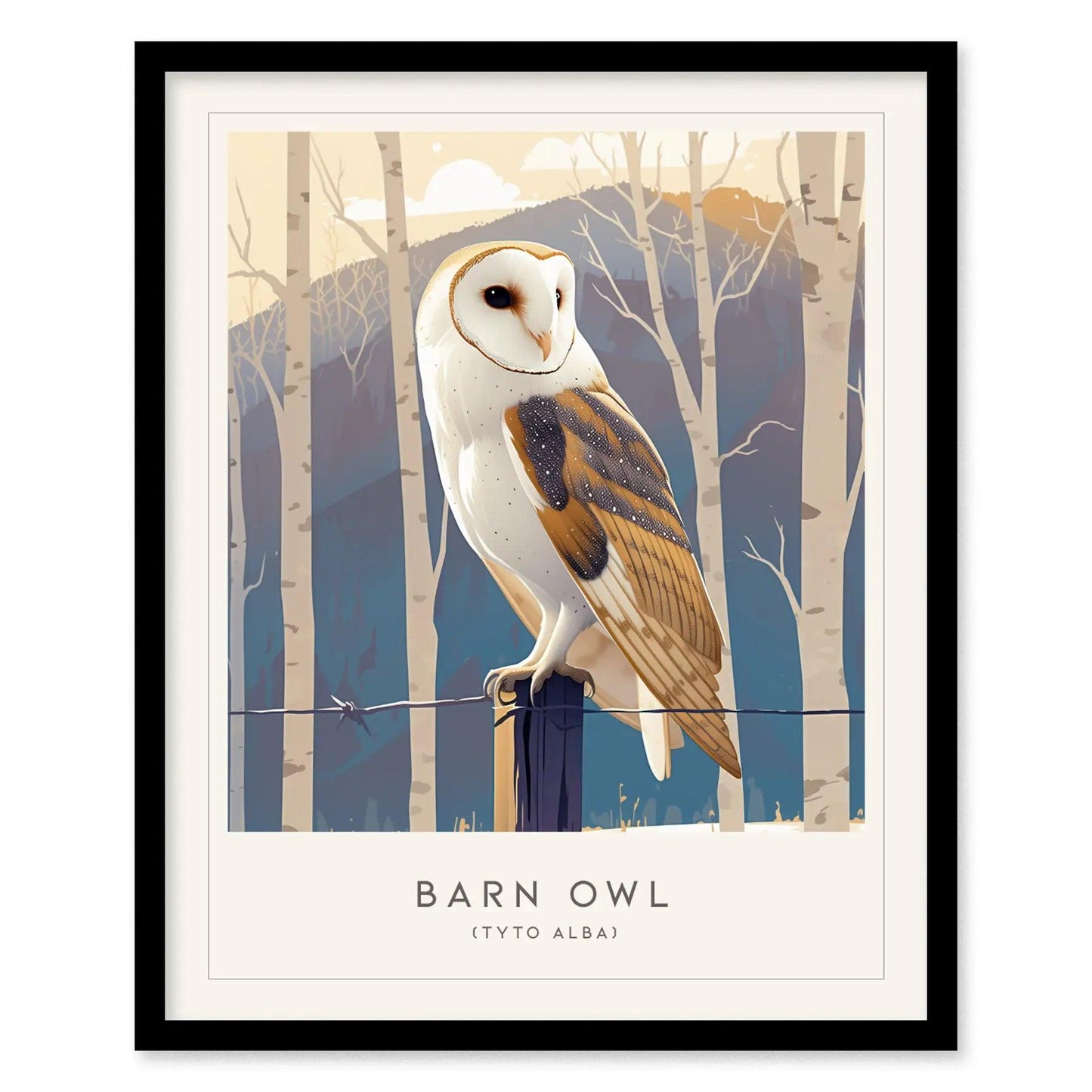Barn Owl Bird Lover Modern Framed Wall Art | Cottagecore Audubon Wildlife Poster | Rustic Farm House Nature Decor | Cozy Cabin Winter Snow Print - Swell Scenes