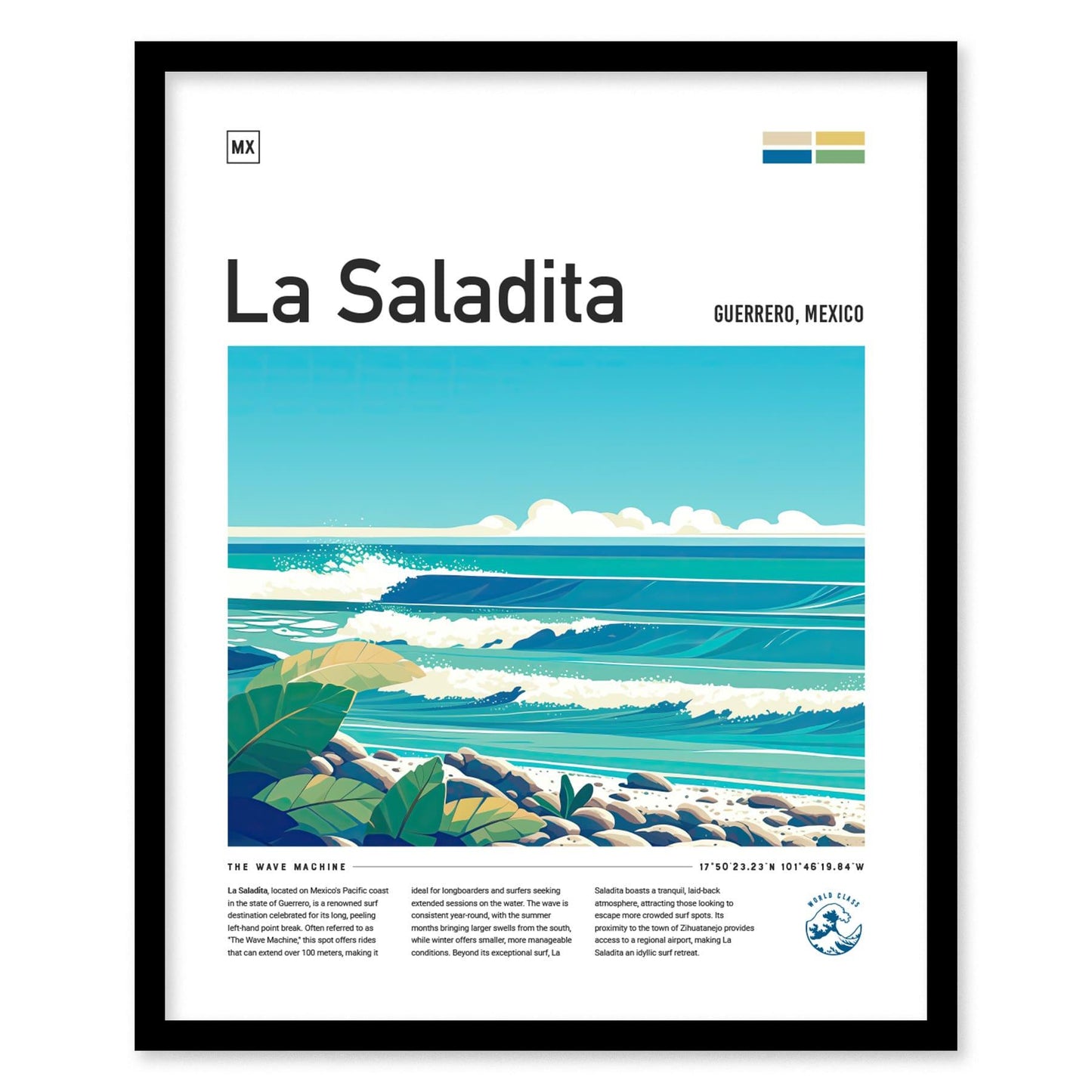 La Saladita Mexico Surf Spot Framed Poster | Guerrero Longboard Surfing Wave Wall Art | Mexi Log Fest Travel Print | Minimalist Style Design Surfer Gift - Swell Scenes