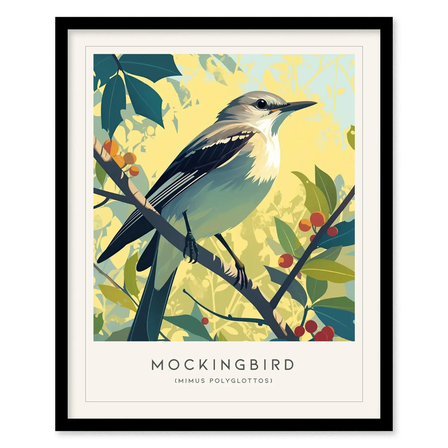 Mockingbird Songbird Modern Framed Wall Art | Cottagecore Minimalist Nature Wildlife Poster | Audubon Scientific Print | Bird Lover Farm House Decor - Swell Scenes