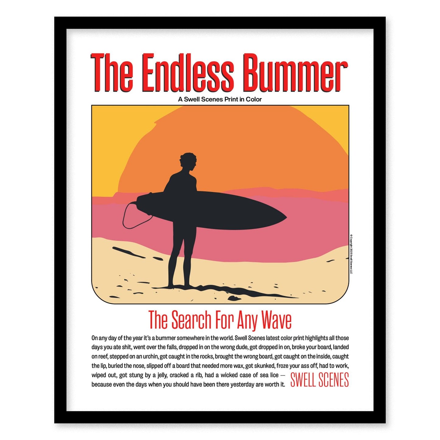 Endless Bummer surf poster in black wood frame showing parody of Endless Summer with beach house decor