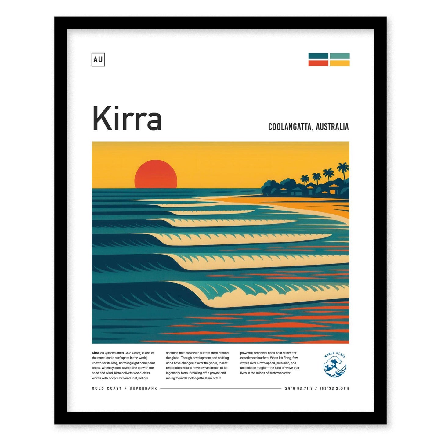 Kirra Surf Spot Framed Poster Australia Superbank Wave Modern Wall Art Queensland Surfer Travel Print Minimalist Design Surfing Decor Gift - Swell Scenes