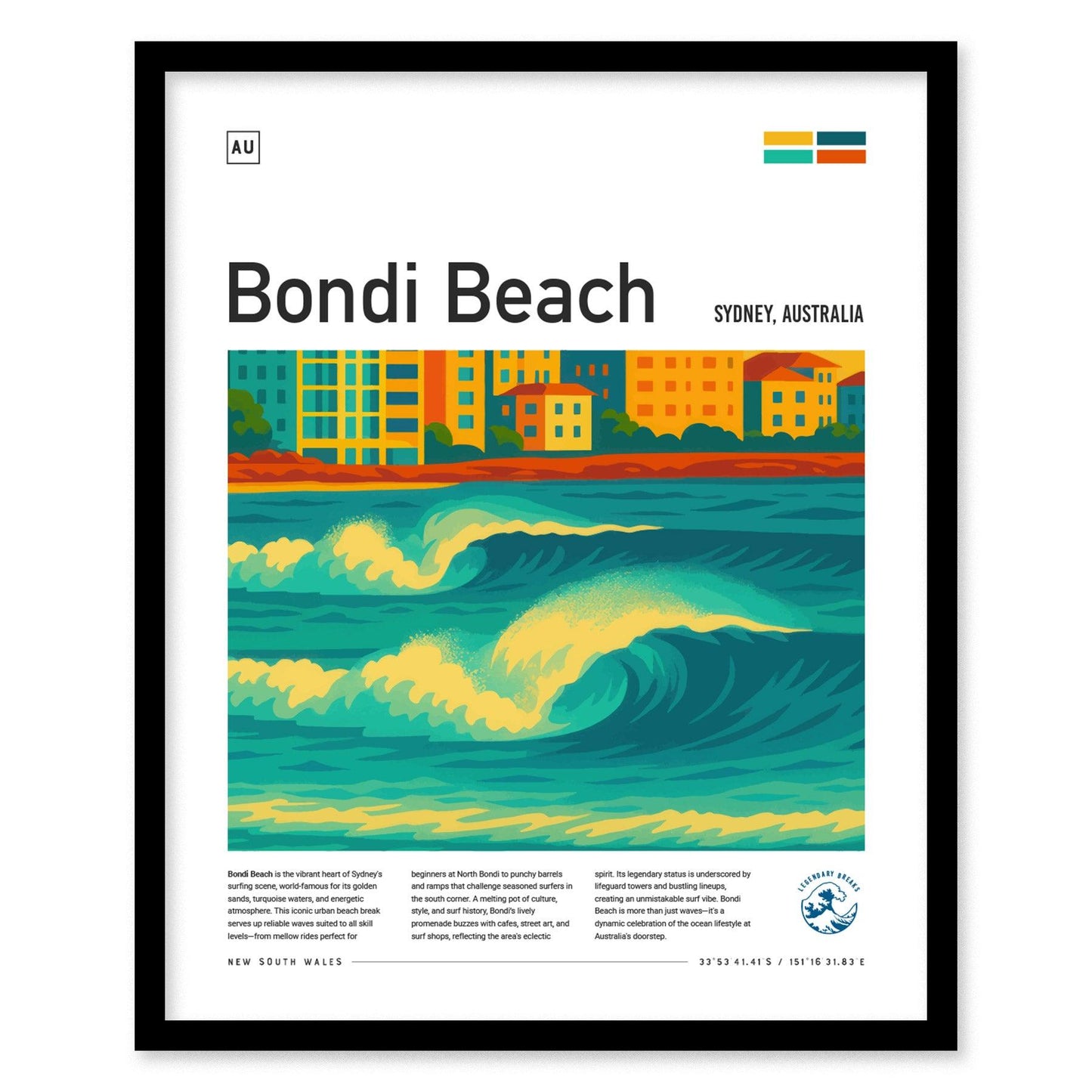 Bondi Beach Surf Spot Framed Poster Sydney Australia Wave Modern Wall Art Aussie Surfer Travel Print Minimalist Design Surfing Decor - Swell Scenes
