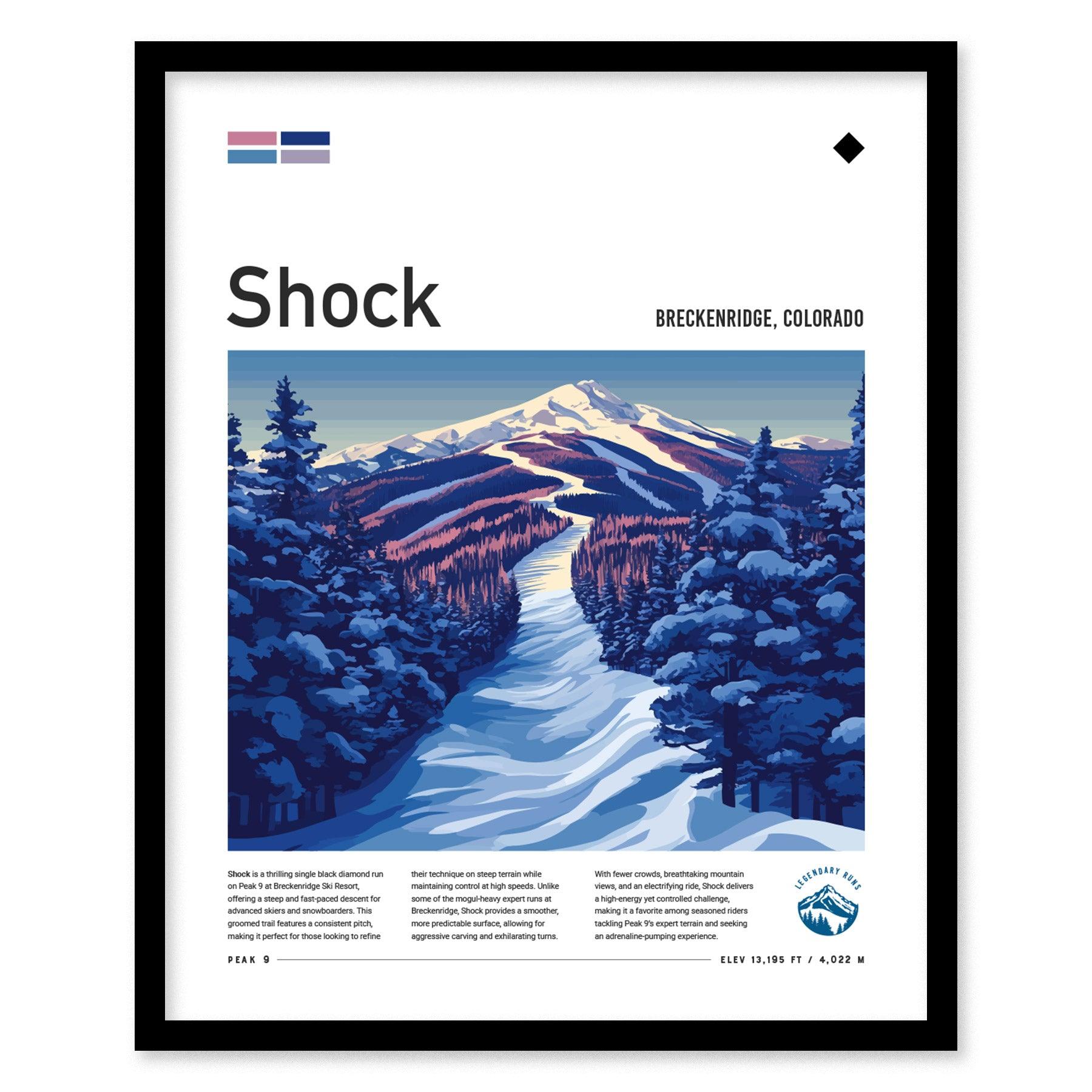 Shock Ski Run Poster | Breckenridge Resort Colorado Black Diamond Expert Skiing Slope Framed Print Skier Snowboarder Cabin Lodge Art Decor Gift - Swell Scenes