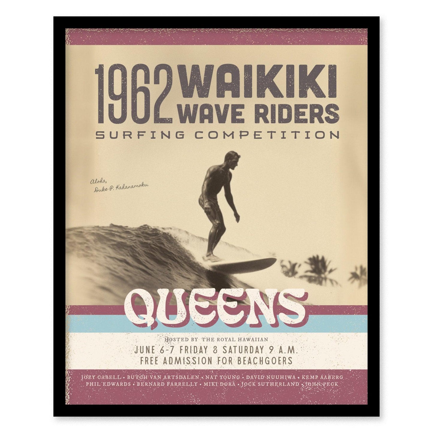 1962 Waikiki Wave Riders Vintage Surf Poster | Longboard Classic Surfing Competition Art | Retro Hawaii Oahu Framed Print Surfer Decor Gift - Swell Scenes