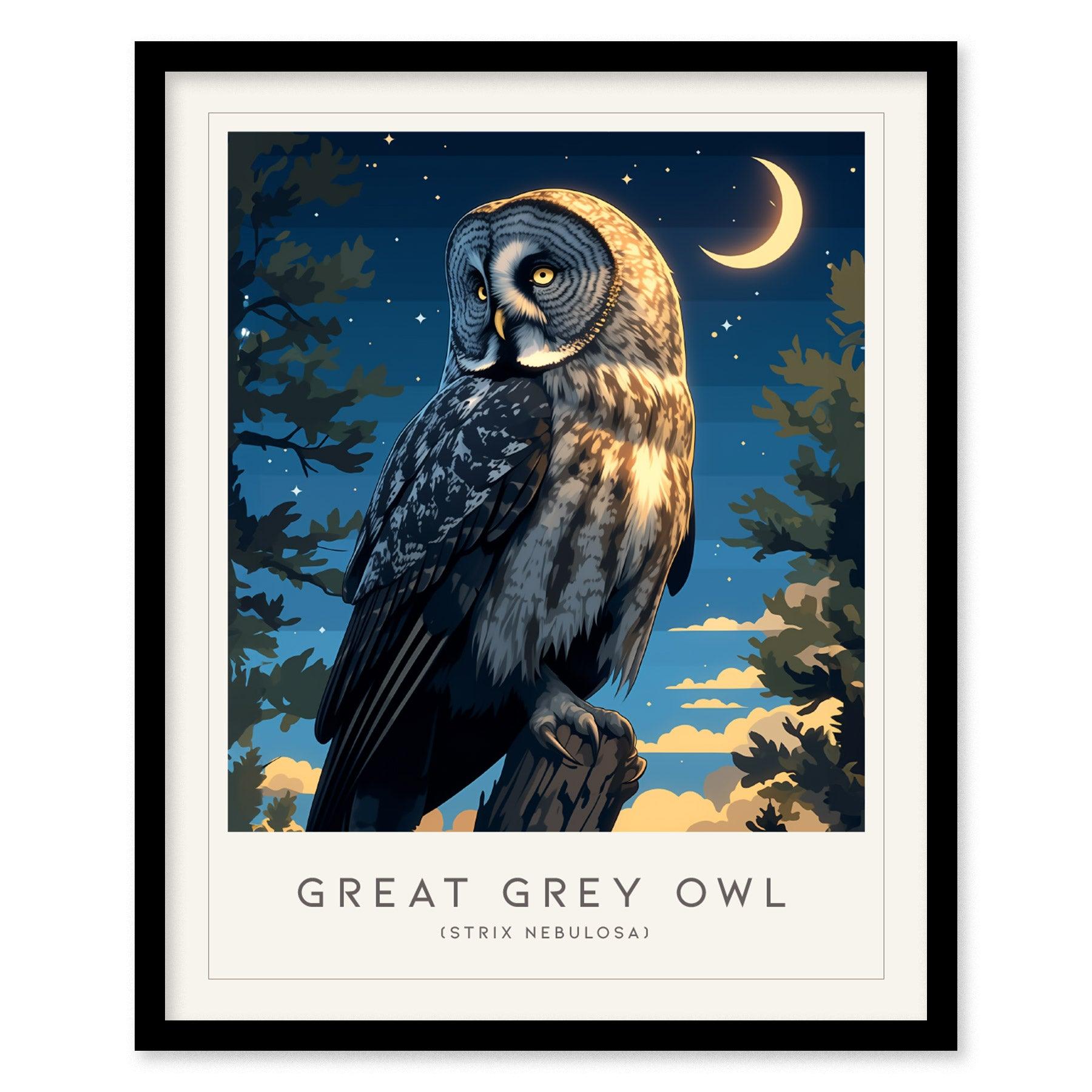 Great Grey Owl Framed Poster | Hoot Bird Lover Nature Modern Wall Art | Bird Of Prey Audubon Print Farm House Wiccan Magical Decor - Swell Scenes