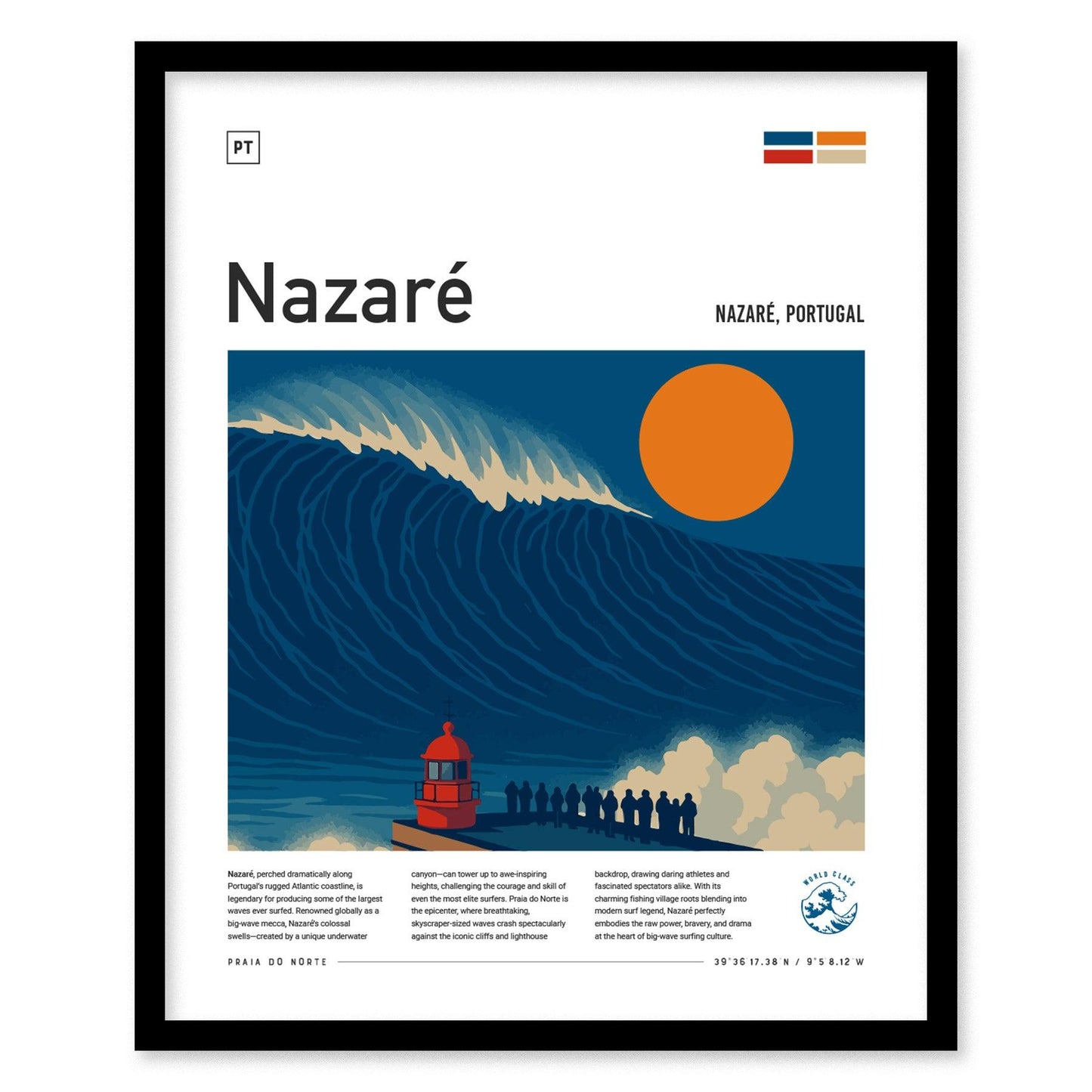 Nazaré Big Wave Surf Spot Framed Poster | Portugal Epic 100 Foot Wave | Modern Wall Art Surfer Nazare Travel Print | Minimalist Design Surfing Decor - Swell Scenes