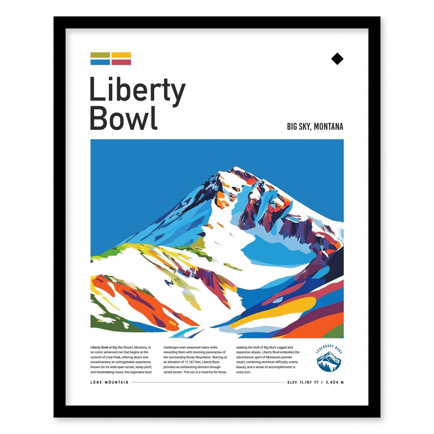 Liberty Bowl Ski Run | Big Sky Resort Montana Advanced Black Diamond Skiing Slope Framed Poster Mountain Skier Cabin Lodge Art Decor Gift - Swell Scenes