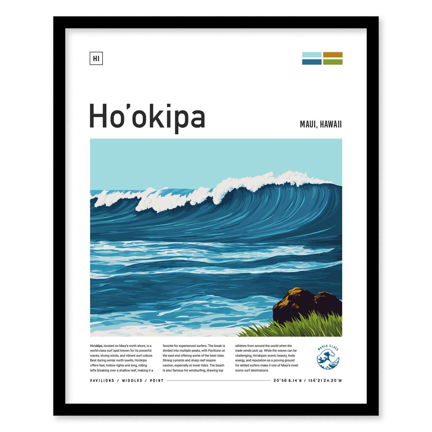 Ho'okipa Framed Surf Spot Poster, Hookipa Beach Maui Wall Art, Paia Travel Print, Hawaii Surfer Windsurfer Big Wave Surfing Design - Swell Scenes