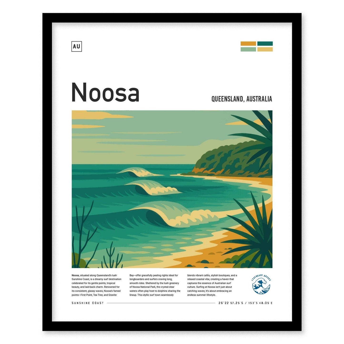 Noosa Surf Spot Framed Poster | Queensland Australia Longboard Wave | Modern Wall Art Surfer Travel Print | Minimalist Design Sunshine Coast Surfing Decor - Swell Scenes