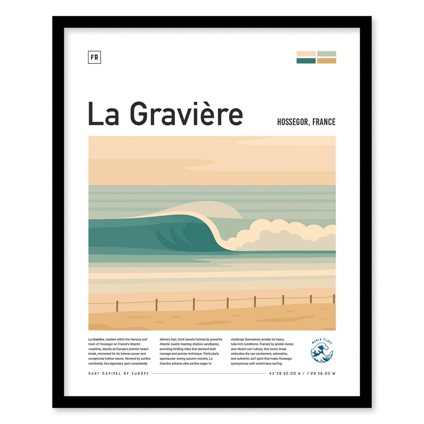 La Gravière Hossegor France Surf Spot Framed Poster | Europe Surfing Capital Modern Wall Art | Surfer Travel Print Wave Design Coastal Decor - Swell Scenes