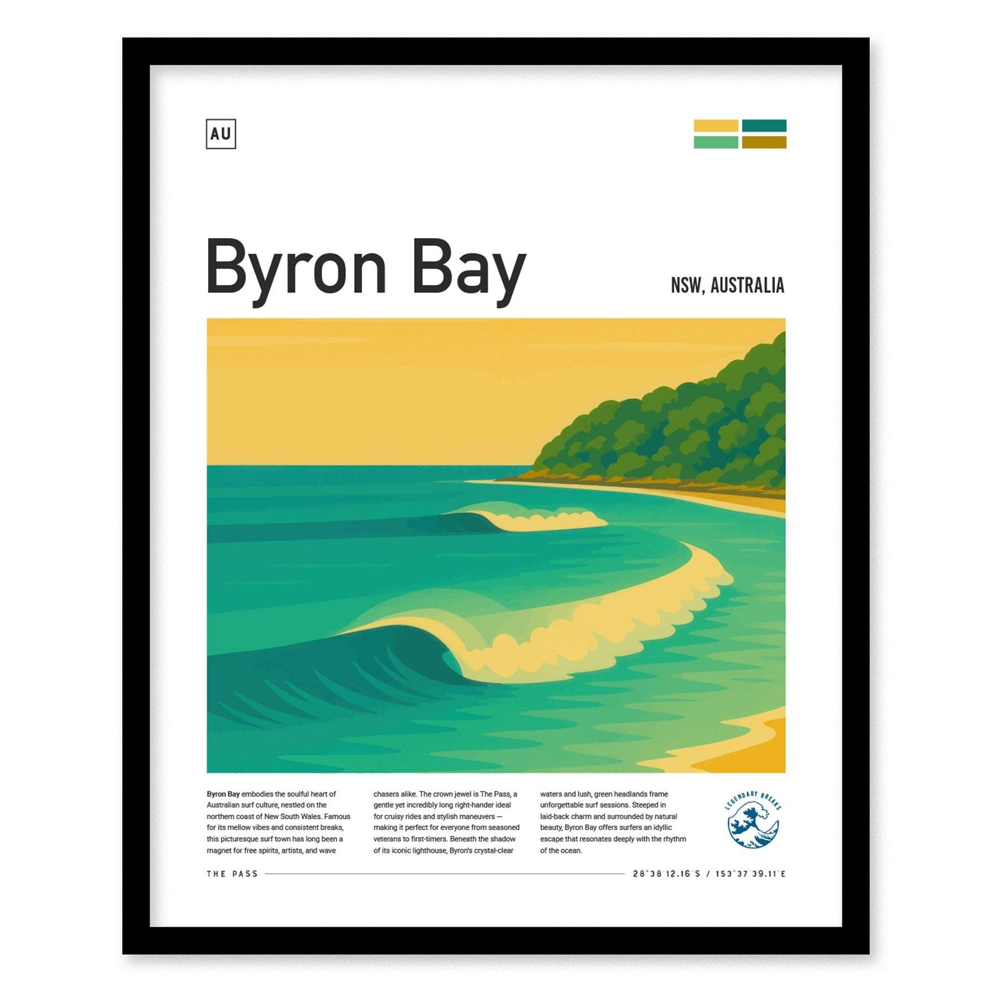 Byron Bay Surf Spot Framed Poster Australia Wave Modern Wall Art NSW Aussie Surfer Travel Print Minimalist Design Boho Surfing Decor Gift - Swell Scenes