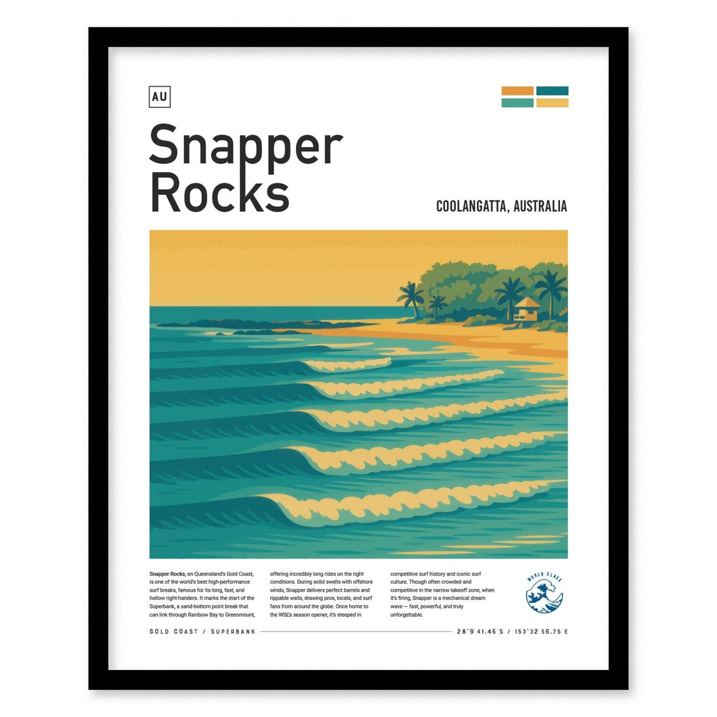 Snapper Rocks Surf Spot Framed Poster | Gold Coast Australia Epic Wave | Modern Wall Art Surfer Travel Print | Minimalist Design Superbank Surfing Decor - Swell Scenes